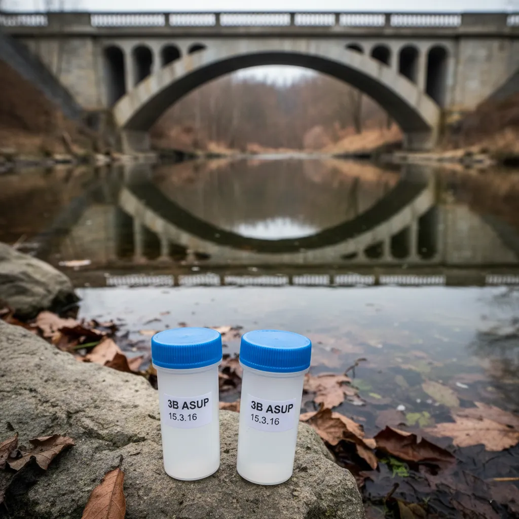 Dos botes de muestras de agua con tapa azul sobre una roca junto a un río, puente de piedra al fondo.