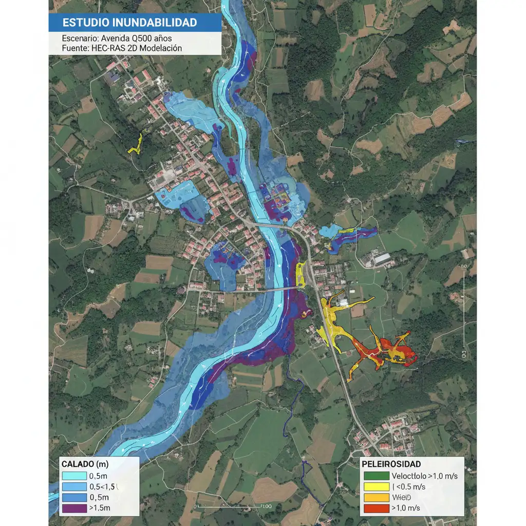 Mapa de un estudio de inundabilidad que indica profundidades de agua y velocidad de flujo, con zonas de riesgo diferenciadas por colores.