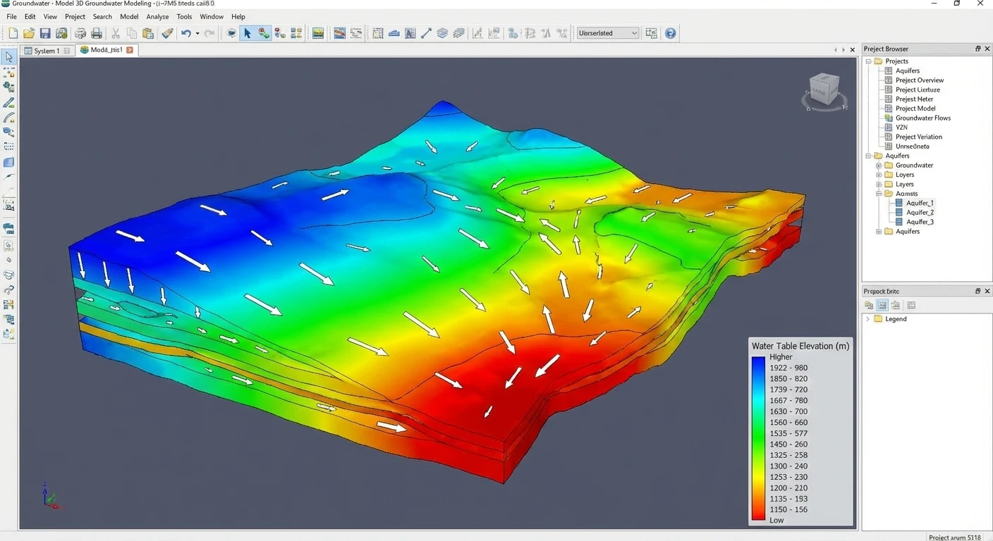 Modelo numérico tridimensional que representa el nivel freático y las direcciones de flujo del agua subterránea en un acuífero.