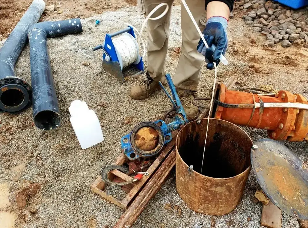 Técnico realizando mediciones hidrogeológicas en un pozo para controlar el nivel y la calidad del agua subterránea.